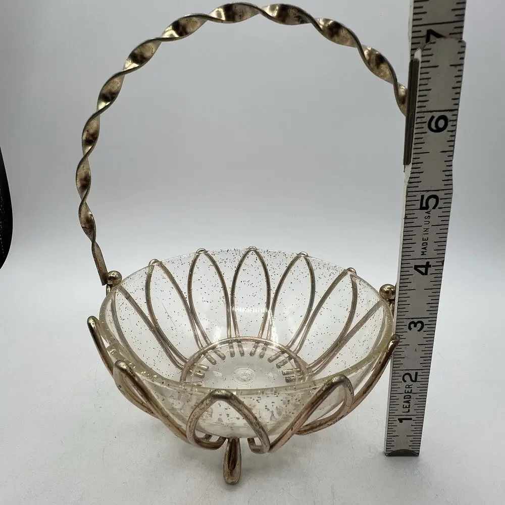 Vintage Atomic Gold Wire Lucite Basket Candy Dish Bowl 8